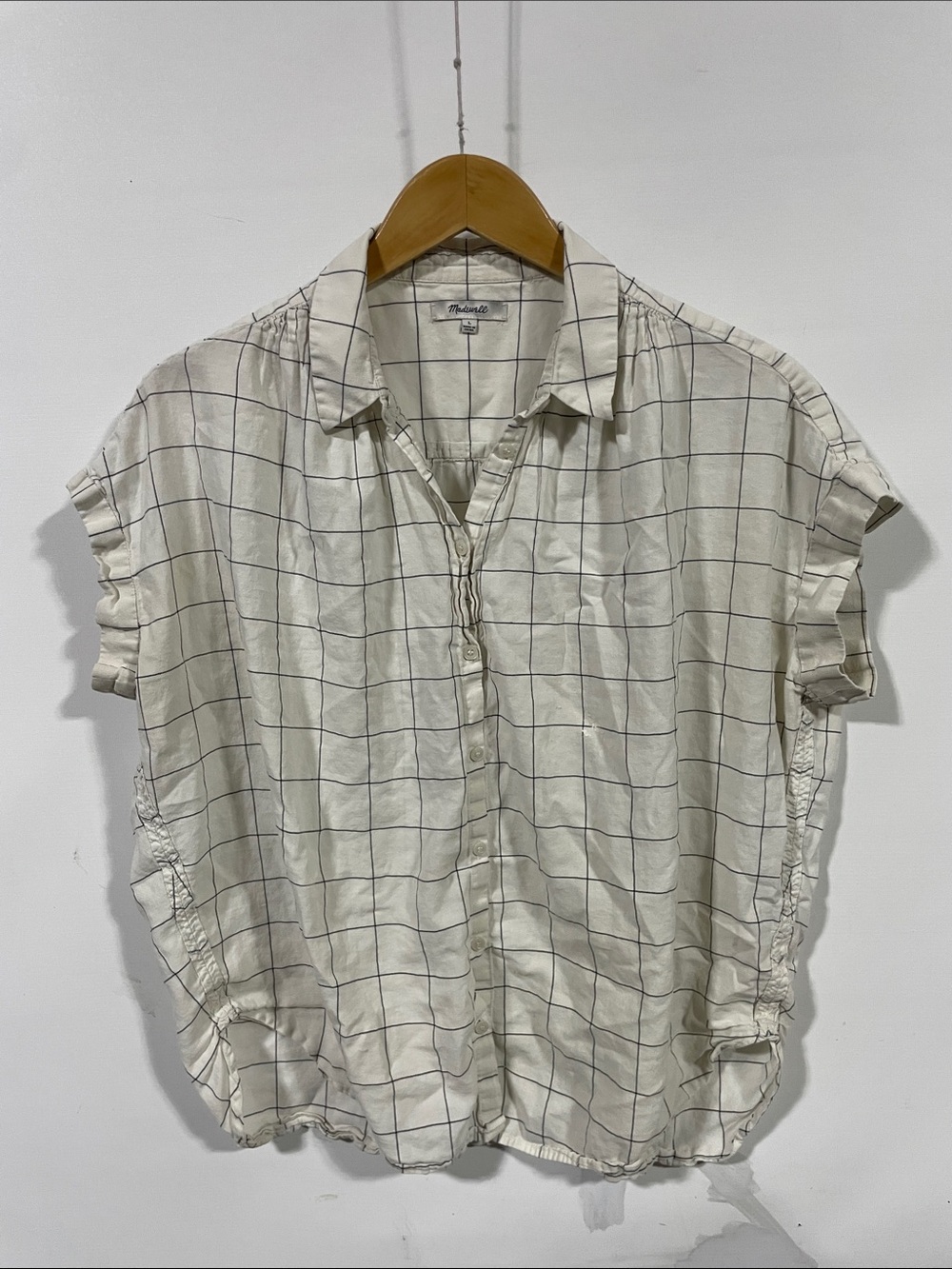 Madewell Cream Windowpane Short Sleeve Button-Up